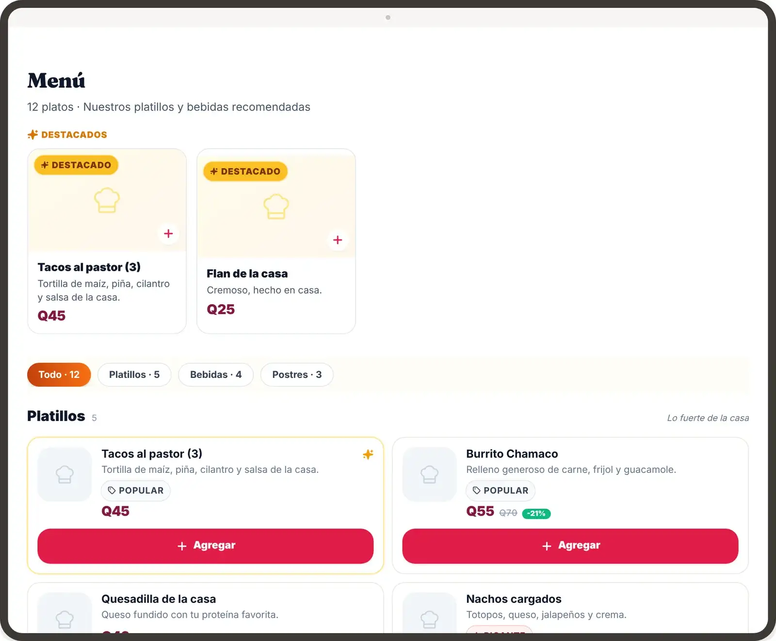 La carta de Los 3 Chamacos como la ve el cliente, con precios y destacados