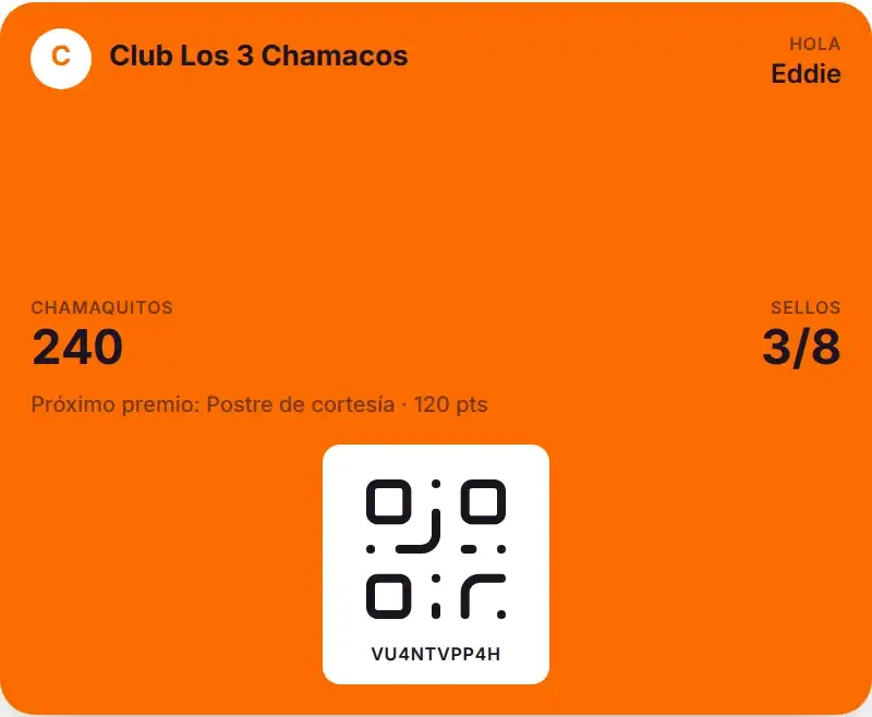 Tarjeta del club de Los 3 Chamacos en Apple Wallet, con puntos, sellos y código QR