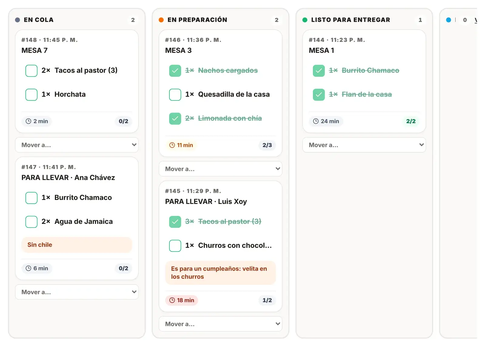 El tablero del salón: pedidos por mesa en cola, en preparación y listos